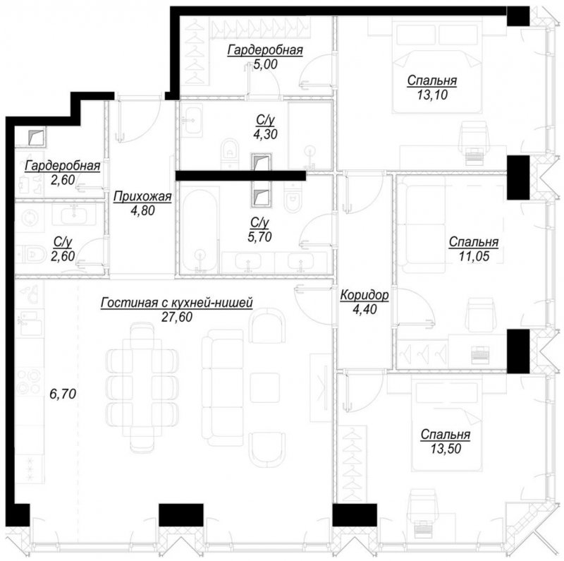 3-комнатная квартира с частичной отделкой, 101.4 м2, 36 этаж, сдача 1 квартал 2023 г., ЖК Hide, корпус ParkLane - объявление 1707129 - фото №1
