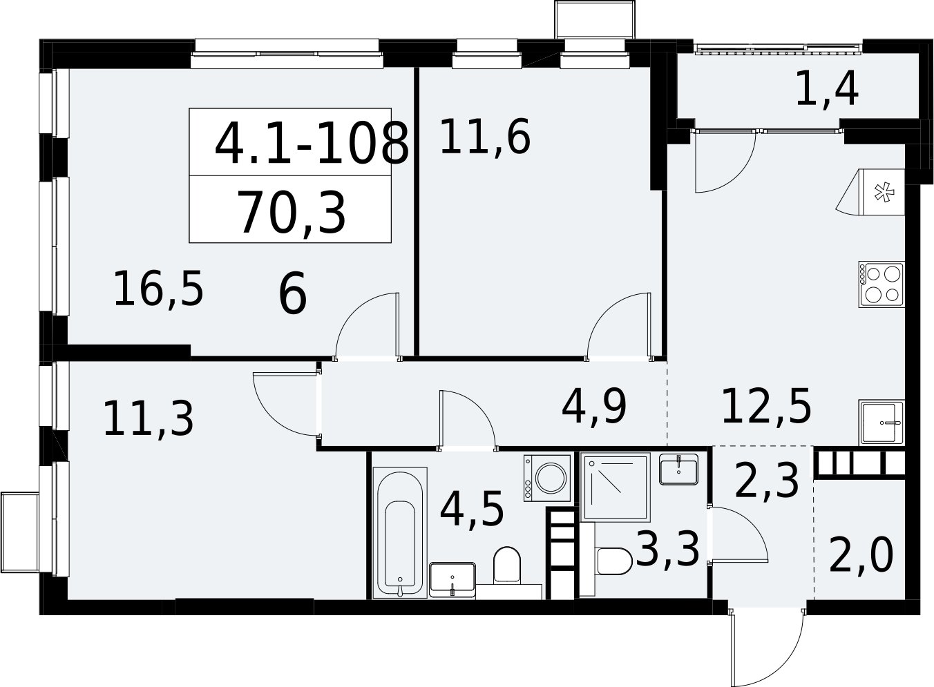 3-комнатная квартира с полной отделкой, 70.3 м2, 19 этаж, сдача 2 квартал 2027 г., ЖК Южные сады, корпус 4.1.1 - объявление 2392649 - фото №1