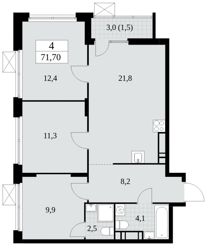 3-комнатная квартира без отделки, 71.7 м2, 13 этаж, сдача 4 квартал 2024 г., ЖК Скандинавия, корпус 2.27.2 - объявление 1840419 - фото №1