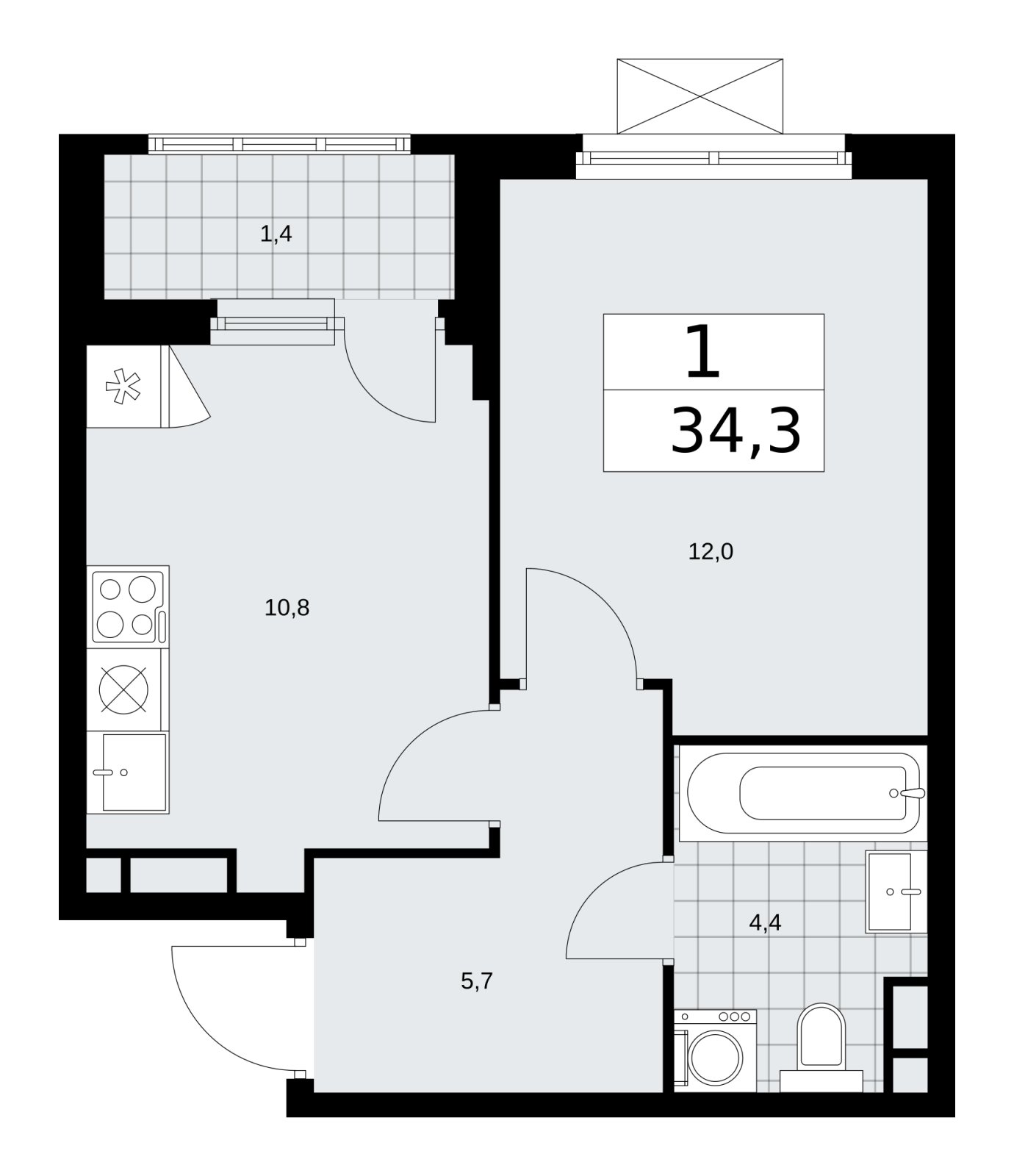 1-комнатная квартира без отделки, 34.3 м2, 6 этаж, сдача 1 квартал 2026 г., ЖК Прокшино, корпус 11.2.2 - объявление 2270086 - фото №1
