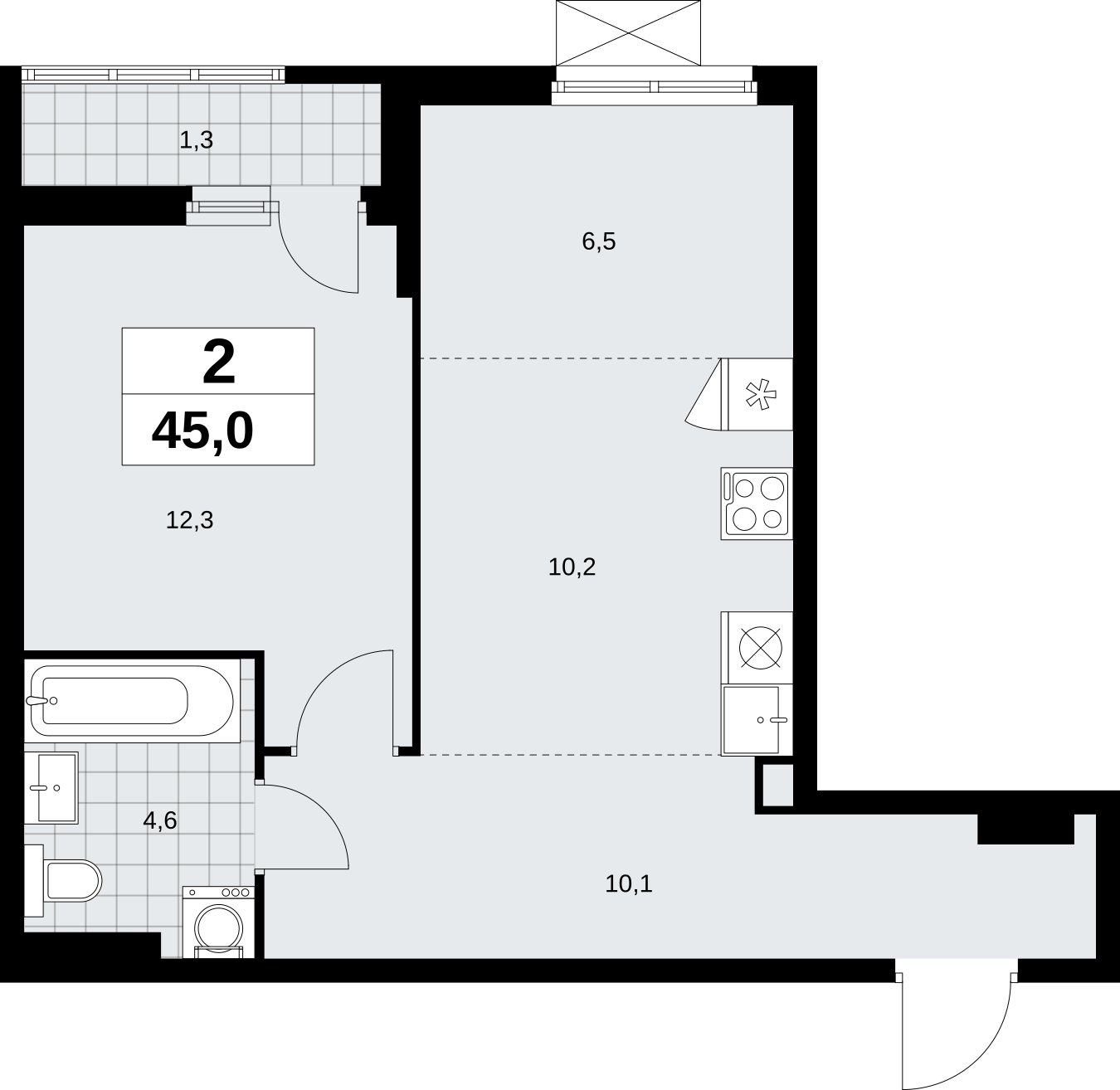 2-комнатная квартира (евро) без отделки, 45 м2, 2 этаж, сдача 2 квартал 2026 г., ЖК Дзен-кварталы, корпус 6.1.1 - объявление 2327128 - фото №1