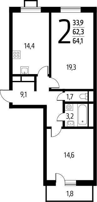 2-комнатная квартира с полной отделкой, 64.1 м2, 3 этаж, сдача 1 квартал 2025 г., ЖК Новые Ватутинки. Заречный, корпус 5/2 - объявление 2271910 - фото №1