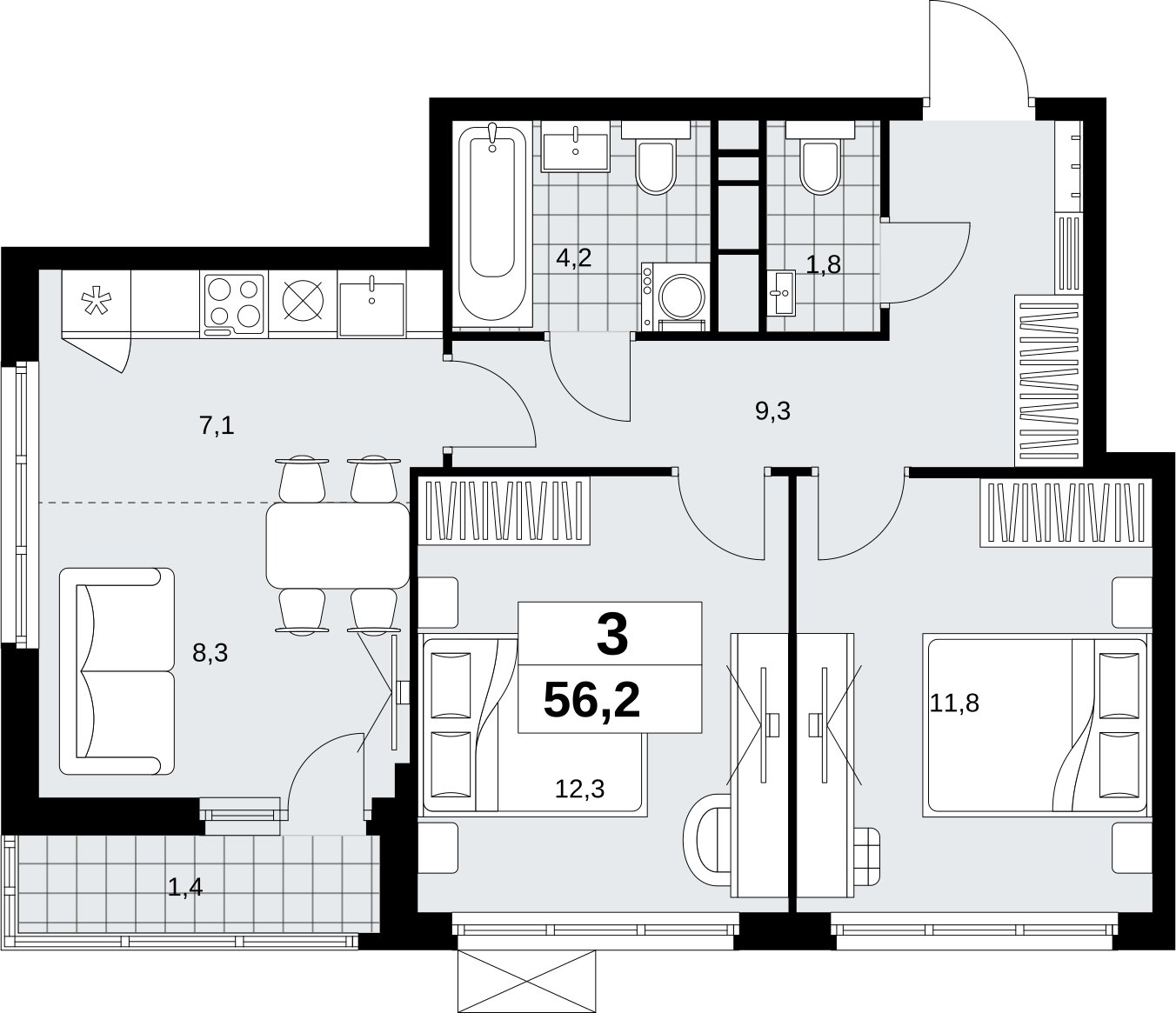3-комнатная квартира (евро) без отделки, 56.2 м2, 9 этаж, сдача 4 квартал 2026 г., ЖК Скандинавия, корпус 2.18.2.4 - объявление 2351520 - фото №1