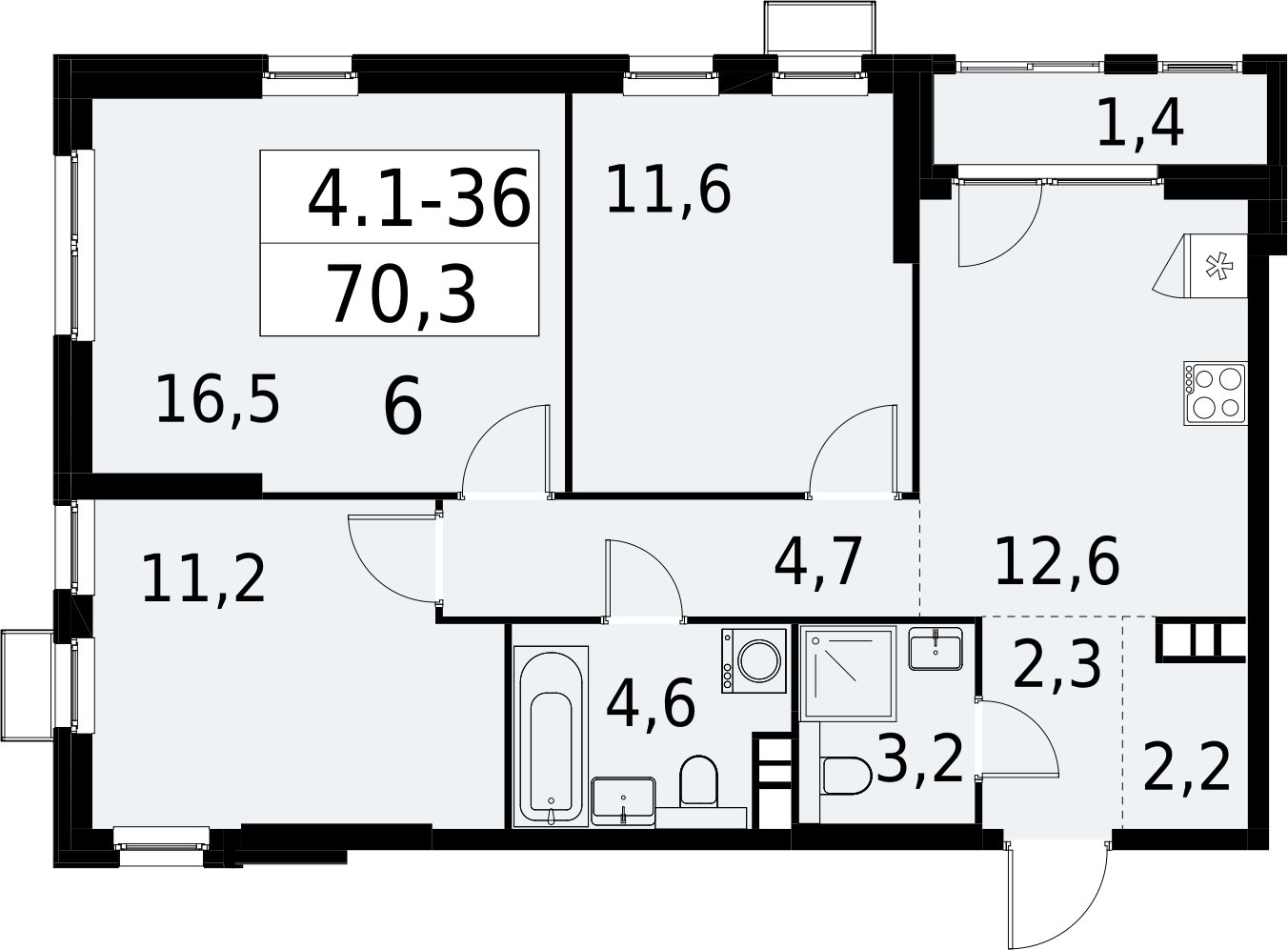 3-комнатная квартира с полной отделкой, 70.3 м2, 7 этаж, сдача 2 квартал 2027 г., ЖК Южные сады, корпус 4.1.1 - объявление 2392577 - фото №1