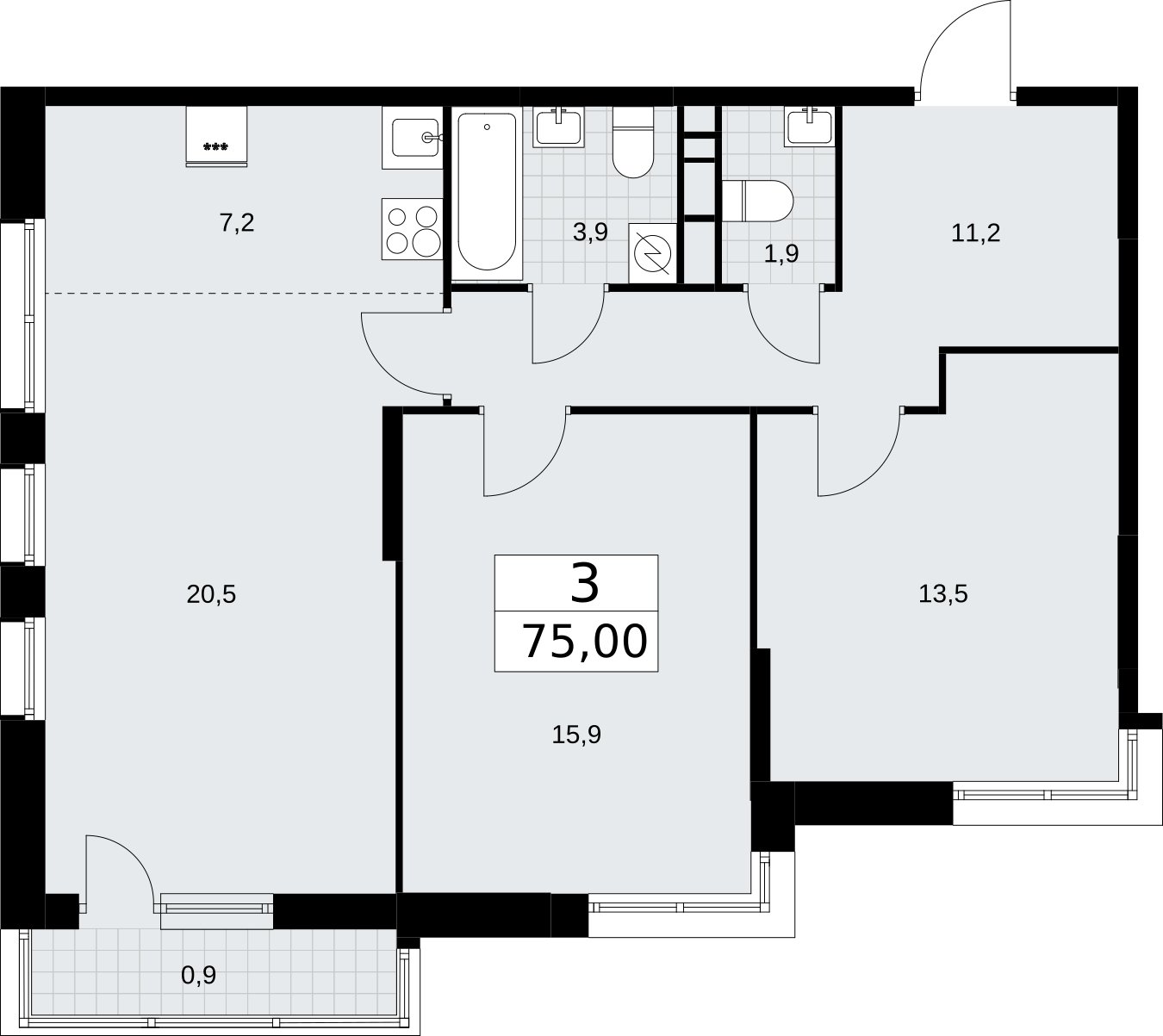 3-комнатная квартира (евро) без отделки, 75 м2, 6 этаж, сдача 3 квартал 2026 г., ЖК Родные кварталы, корпус 3.5 - объявление 2378724 - фото №1