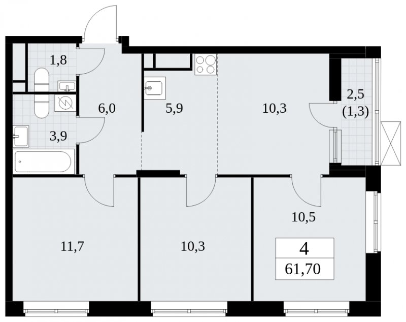 4-комнатная квартира (евро) без отделки, 61.7 м2, 14 этаж, сдача 1 квартал 2025 г., ЖК Прокшино, корпус 5.1.3 - объявление 1810929 - фото №1