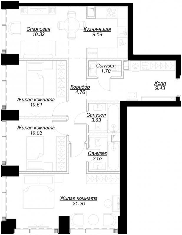 3-комнатная квартира с частичной отделкой, 83.97 м2, 5 этаж, сдача 4 квартал 2024 г., ЖК MOD, корпус Mod.M - объявление 1788482 - фото №1