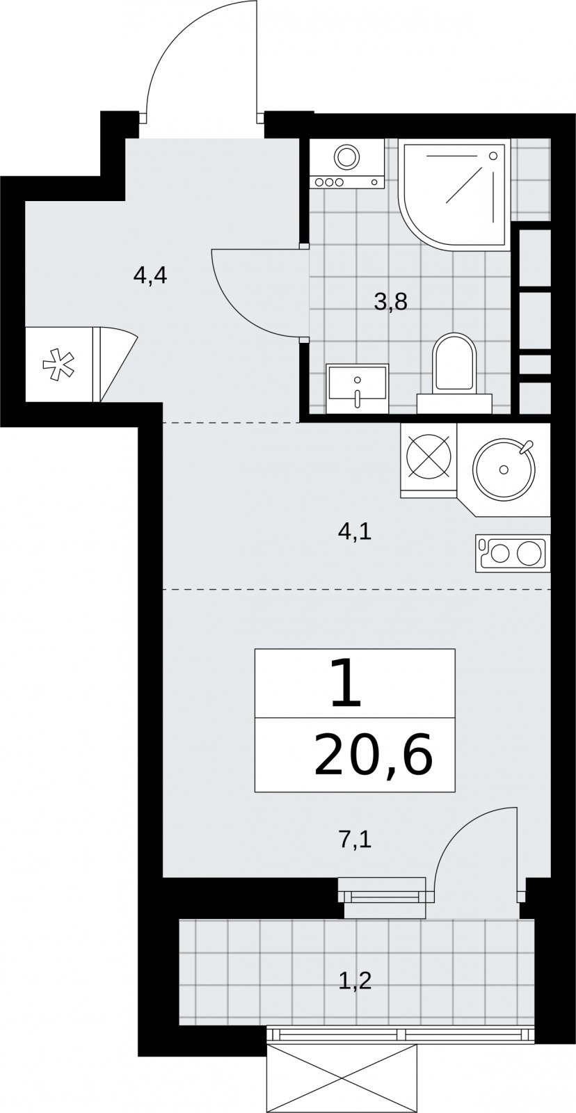 Студия с частичной отделкой, 20.6 м2, 7 этаж, сдача 2 квартал 2026 г., ЖК Бунинские кварталы, корпус 5.1 - объявление 2297259 - фото №1