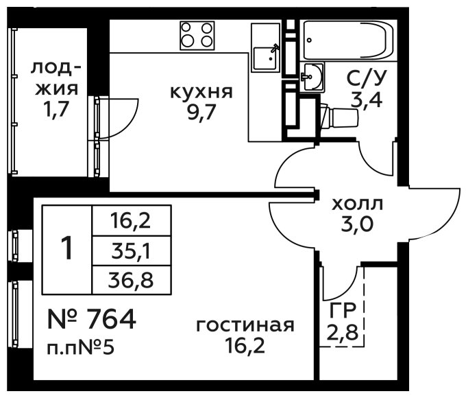 1-комнатная квартира без отделки, 36.8 м2, 4 этаж, сдача 2 квартал 2022 г., ЖК Новоград Павлино, корпус 18 - объявление 1261013 - фото №1