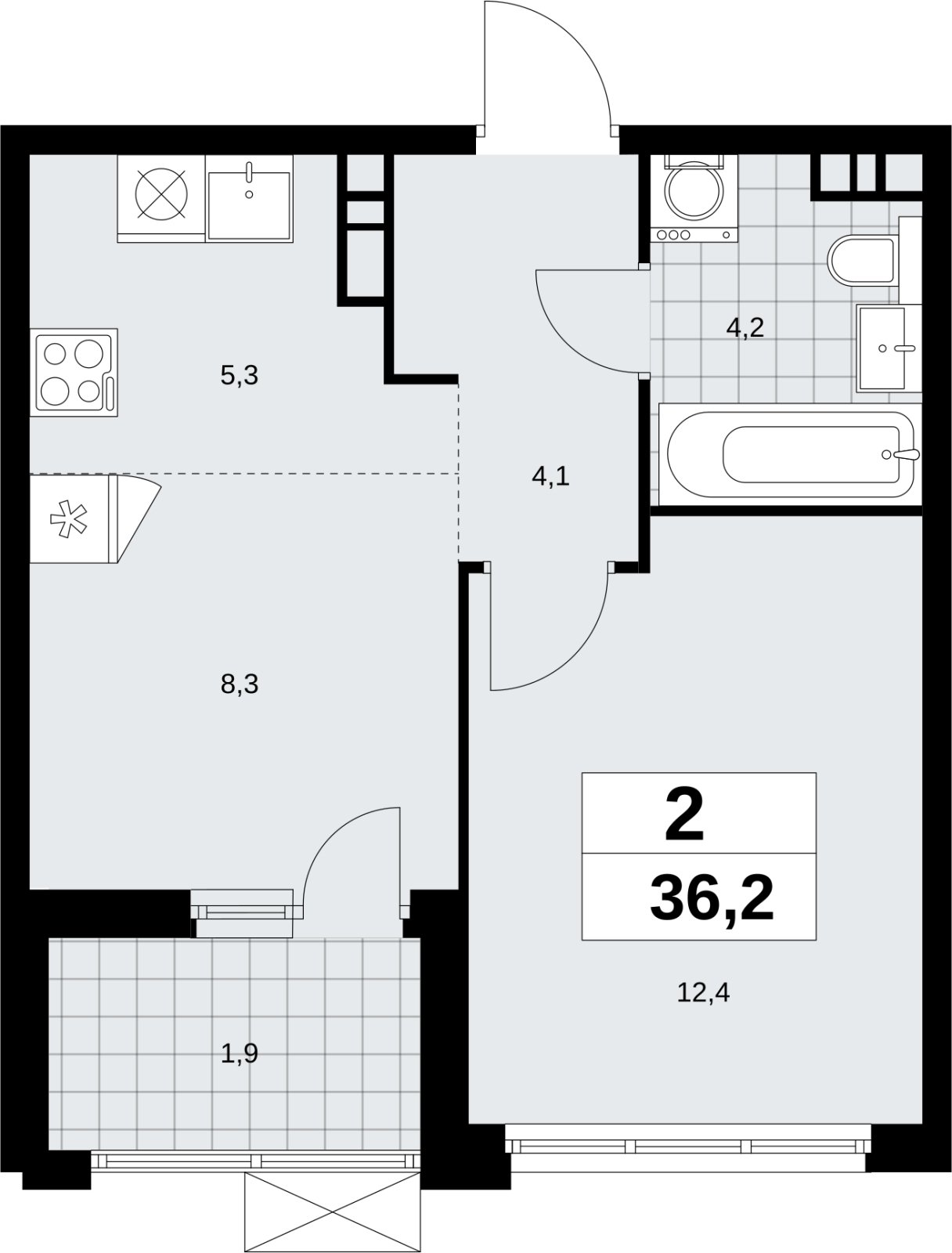 2-комнатная квартира (евро) без отделки, 36.2 м2, 14 этаж, сдача 4 квартал 2026 г., ЖК Скандинавия, корпус 2.18.1.3 - объявление 2350868 - фото №1