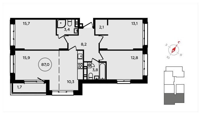 4-комнатная квартира (евро) с полной отделкой, 87 м2, 8 этаж, сдача 3 квартал 2024 г., ЖК Скандинавия, корпус 22.4 - объявление 1625663 - фото №1
