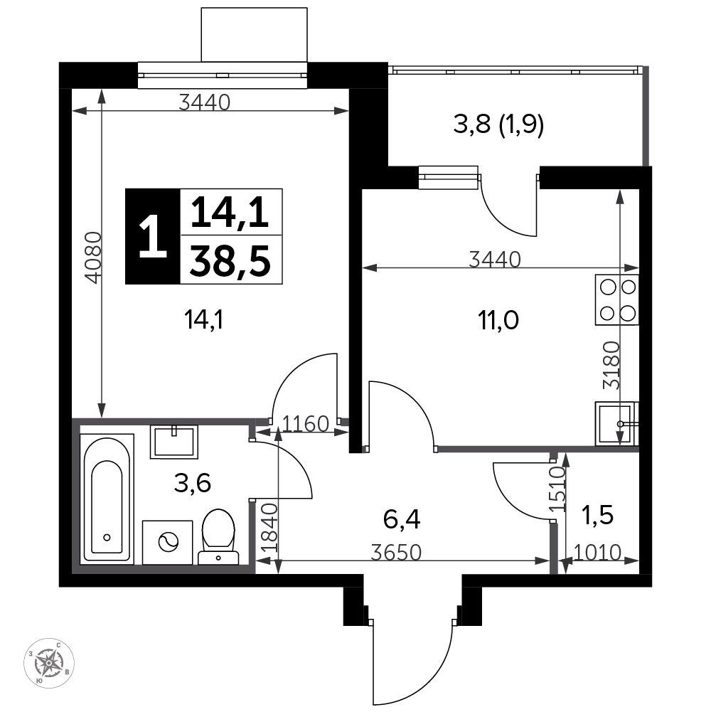 1-комнатная квартира с частичной отделкой, 38.5 м2, 19 этаж, сдача 3 квартал 2023 г., ЖК Южная Битца, корпус 12 - объявление 2208376 - фото №1