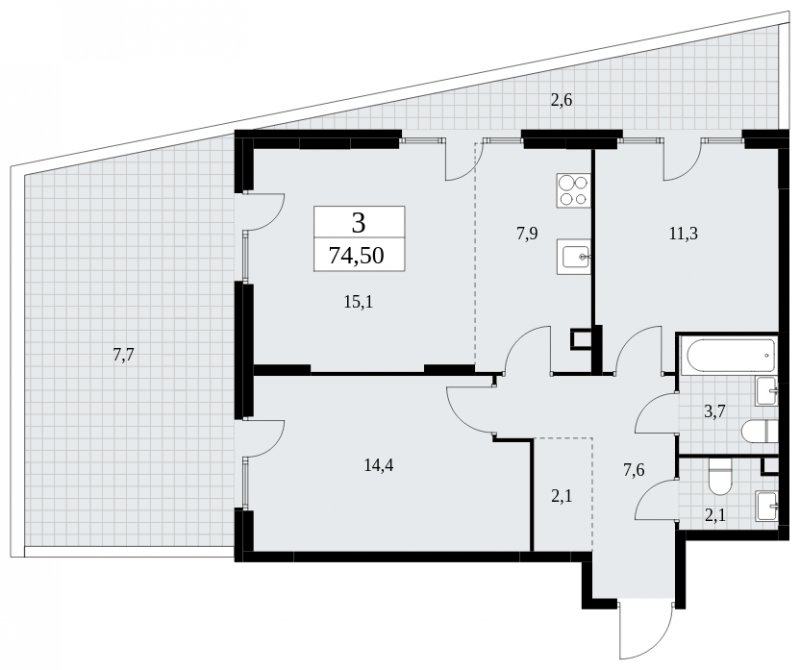 3-комнатная квартира (евро) без отделки, 74.5 м2, 2 этаж, сдача 4 квартал 2024 г., ЖК Скандинавия, корпус 36.2.2 - объявление 1779935 - фото №1