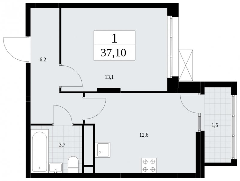 1-комнатная квартира без отделки, 37.1 м2, 13 этаж, сдача 4 квартал 2024 г., ЖК Скандинавия, корпус 36.3.2 - объявление 1894749 - фото №1