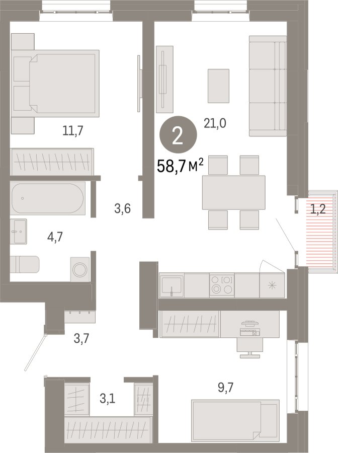 2-комнатная квартира с частичной отделкой, 58.7 м2, 12 этаж, сдача 3 квартал 2026 г., ЖК Квартал Метроном, корпус 1 - объявление 2372347 - фото №1
