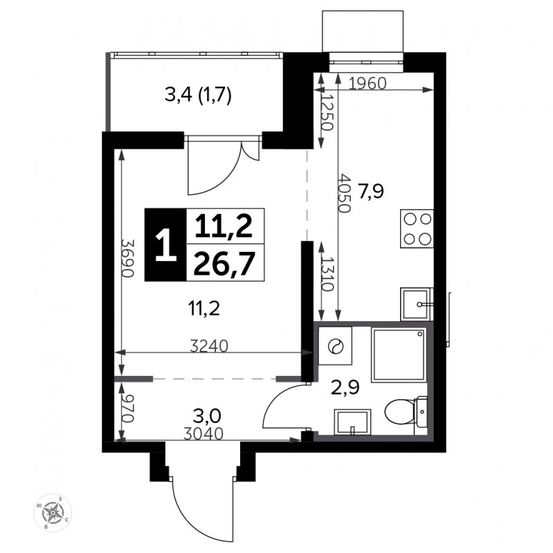 Студия с полной отделкой, 26.7 м2, 5 этаж, сдача 3 квартал 2023 г., ЖК Южная Битца, корпус 12 - объявление 1947803 - фото №1