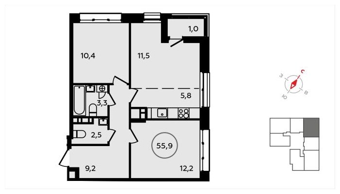 3-комнатная квартира (евро) без отделки, 55.9 м2, 5 этаж, сдача 3 квартал 2024 г., ЖК Скандинавия, корпус 2.22.2 - объявление 1625478 - фото №1