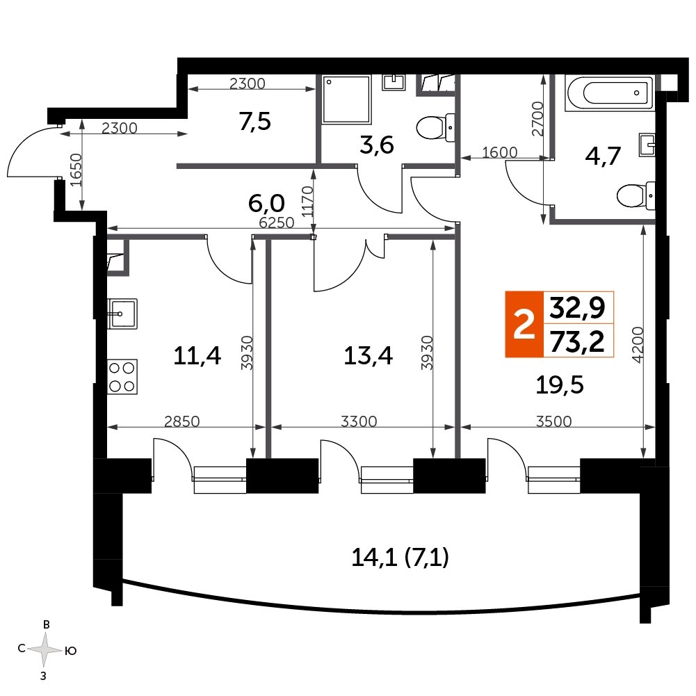 2-комнатная квартира с частичной отделкой, 73.2 м2, 12 этаж, сдача 3 квартал 2024 г., ЖК Sydney City, корпус 2.2 - объявление 2207351 - фото №1