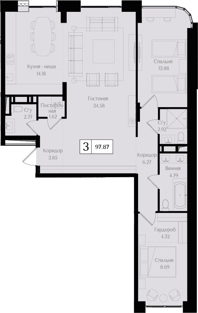 3-комнатная квартира без отделки, 97.87 м2, 6 этаж, сдача 3 квартал 2024 г., ЖК Преображенская площадь, корпус 2 - объявление 2287495 - фото №1