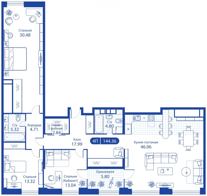 4-комнатная квартира (евро) без отделки, 144.36 м2, 34 этаж, дом сдан, ЖК iLove, корпус 1 - объявление 1584212 - фото №1