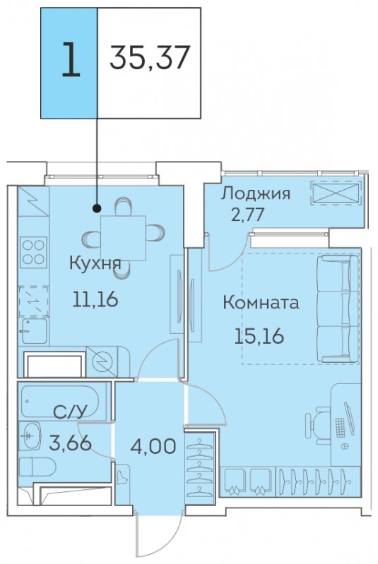 1-комнатная квартира с частичной отделкой, 35.37 м2, 6 этаж, сдача 3 квартал 2023 г., ЖК Аквилон BESIDE, корпус 1 - объявление 1678571 - фото №1