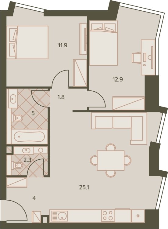 3-комнатная квартира с частичной отделкой, 62.5 м2, 5 этаж, дом сдан, ЖК Eniteo, корпус 1 - объявление 2326667 - фото №1