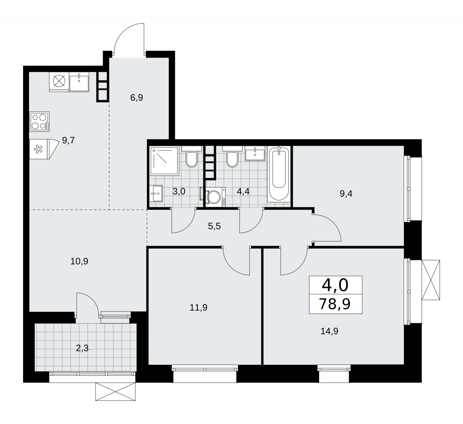 4-комнатная квартира (евро) с частичной отделкой, 78.9 м2, 10 этаж, сдача 1 квартал 2026 г., ЖК Бунинские кварталы, корпус 6.1 - объявление 2252426 - фото №1