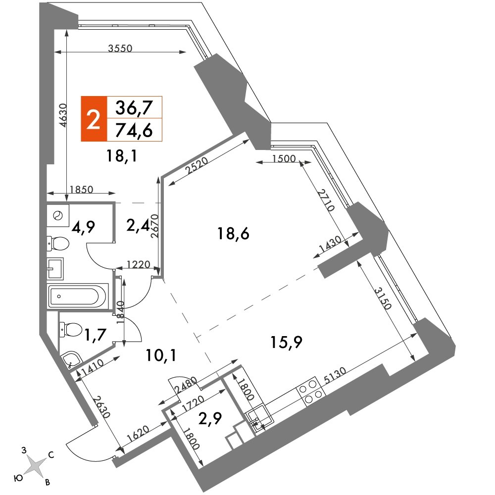 2-комнатная квартира без отделки, 74.6 м2, 45 этаж, дом сдан, ЖК Архитектор, корпус 3 - объявление 2329949 - фото №1