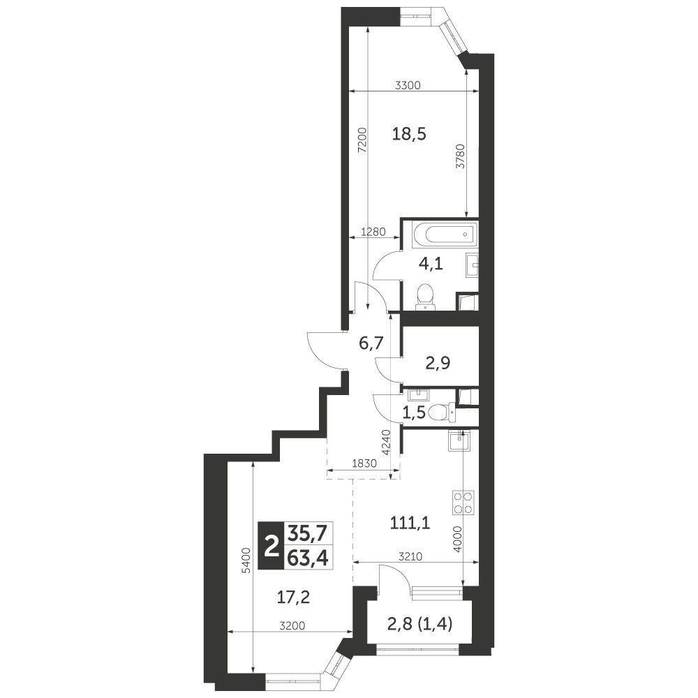 2-комнатная квартира с частичной отделкой, 63.4 м2, 30 этаж, дом сдан, ЖК Архитектор, корпус 3 - объявление 2332482 - фото №1