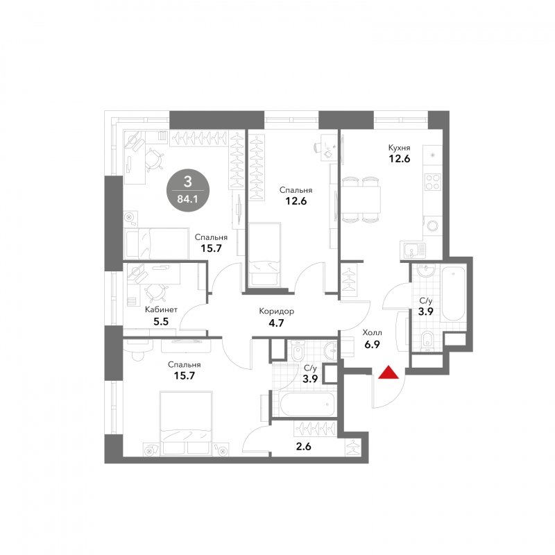 3-комнатные апартаменты без отделки, 84.1 м2, 18 этаж, сдача 3 квартал 2025 г., ЖК VOXHALL, корпус 4 - объявление 1803796 - фото №1