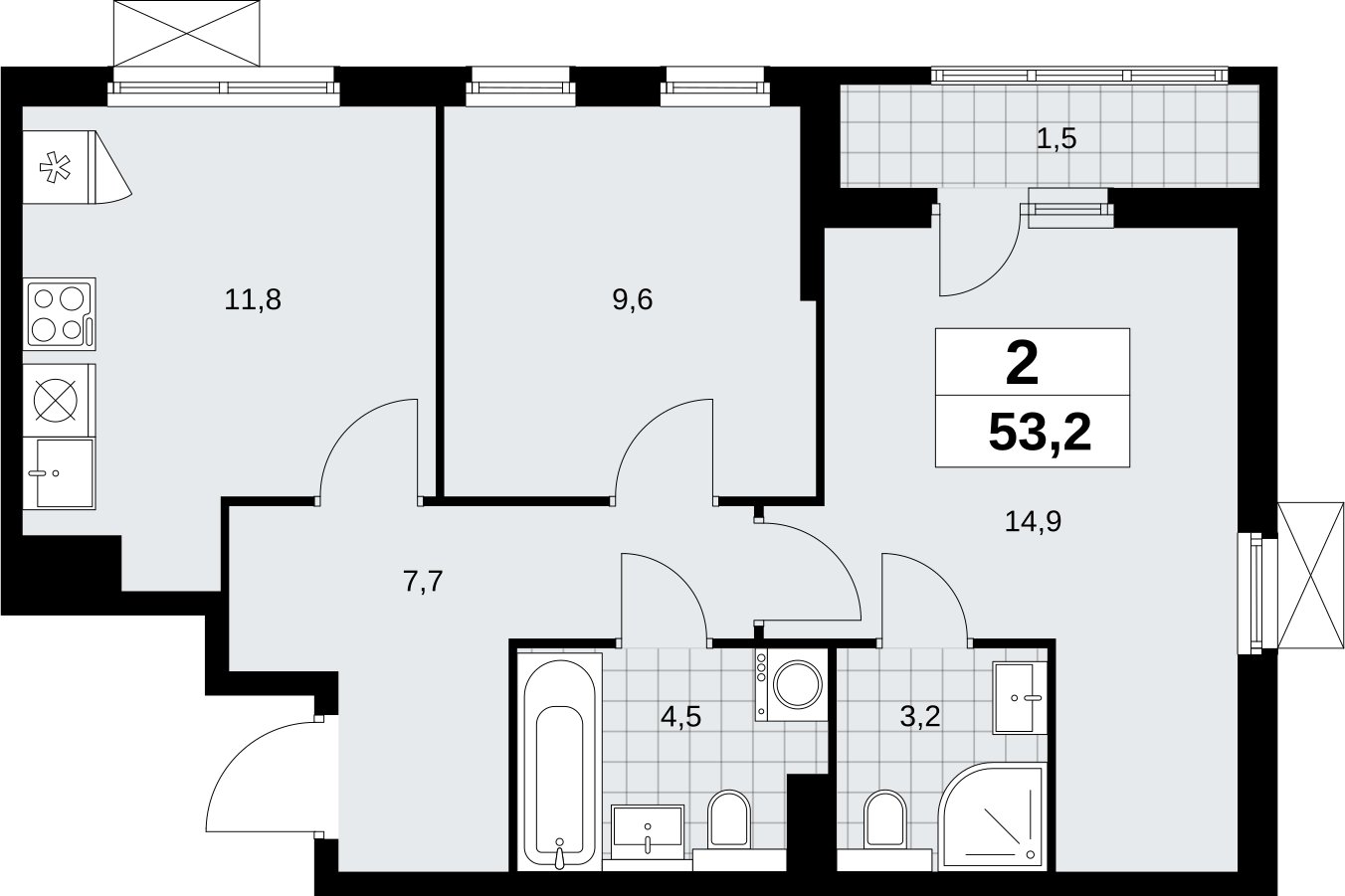 2-комнатная квартира без отделки, 53.2 м2, 14 этаж, сдача 2 квартал 2026 г., ЖК Бунинские кварталы, корпус 9.1 - объявление 2324155 - фото №1