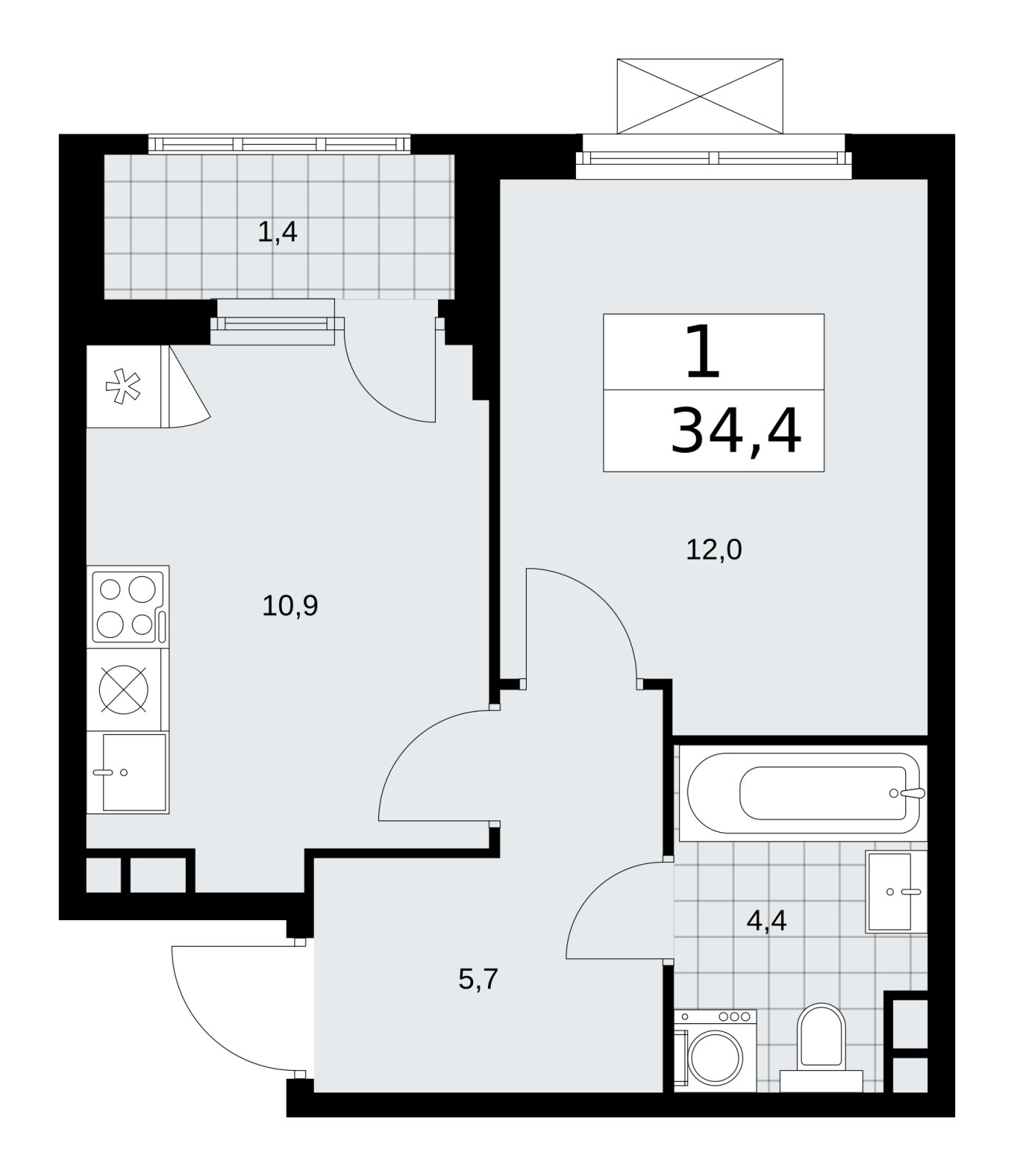 1-комнатная квартира без отделки, 34.4 м2, 4 этаж, сдача 1 квартал 2026 г., ЖК Прокшино, корпус 11.2.2 - объявление 2270068 - фото №1