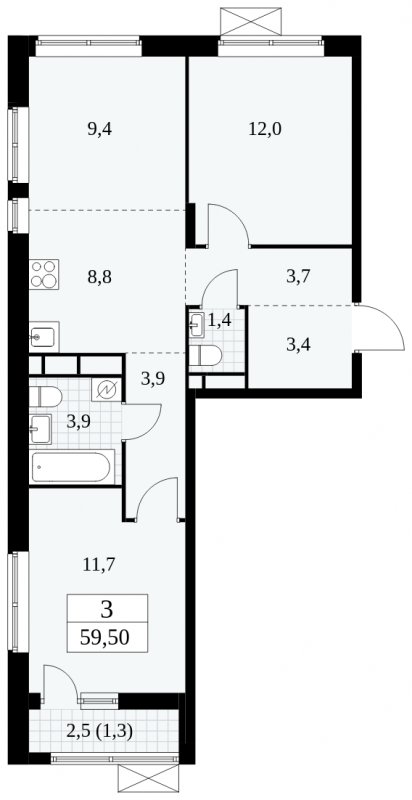 3-комнатная квартира (евро) без отделки, 59.5 м2, 14 этаж, сдача 1 квартал 2025 г., ЖК Прокшино, корпус 5.1.3 - объявление 1810847 - фото №1