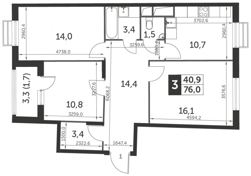 3-комнатная квартира без отделки, 76 м2, 5 этаж, сдача 3 квартал 2023 г., ЖК UP-квартал Римский, корпус 7 - объявление 1346923 - фото №1