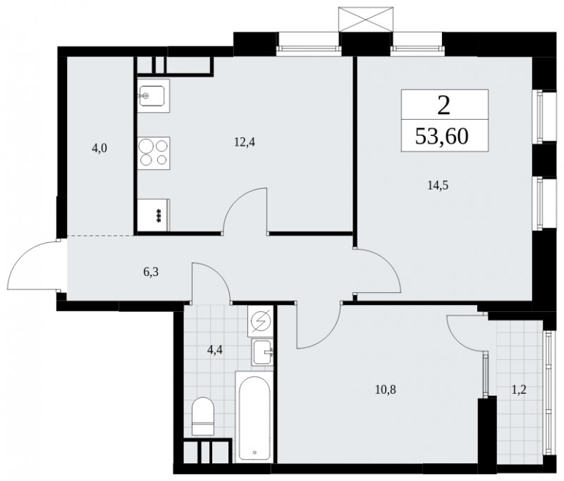 2-комнатная квартира без отделки, 53.6 м2, 11 этаж, сдача 1 квартал 2025 г., ЖК Дзен-кварталы, корпус 1.3 - объявление 1895987 - фото №1
