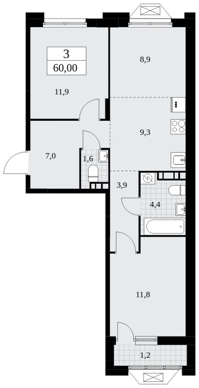 3-комнатная квартира (евро) без отделки, 60 м2, 7 этаж, сдача 1 квартал 2025 г., ЖК Бунинские кварталы, корпус 1.3 - объявление 1834652 - фото №1