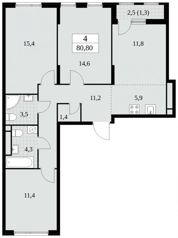 4-комнатная квартира (евро) без отделки, 80.8 м2, 7 этаж, сдача 2 квартал 2025 г., ЖК Южные сады, корпус 2.4 - объявление 1760209 - фото №1