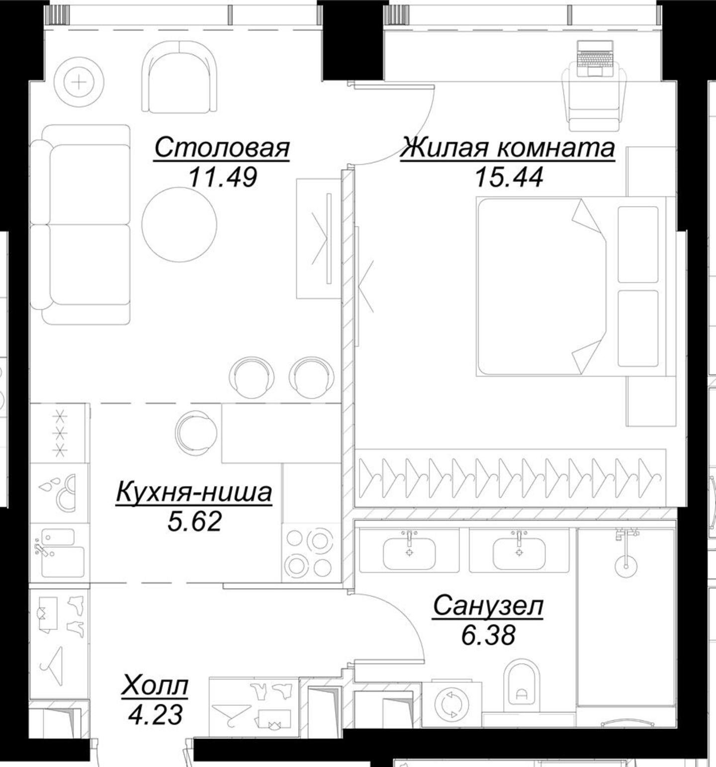1-комнатная квартира с частичной отделкой, 43.51 м2, 12 этаж, сдача 4 квартал 2024 г., ЖК MOD, корпус Mann - объявление 2212945 - фото №1