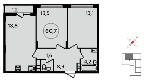 2-комнатная квартира без отделки, 60.7 м2, 15 этаж, дом сдан, ЖК Скандинавия, корпус 13.1 - объявление 1412132 - фото №1