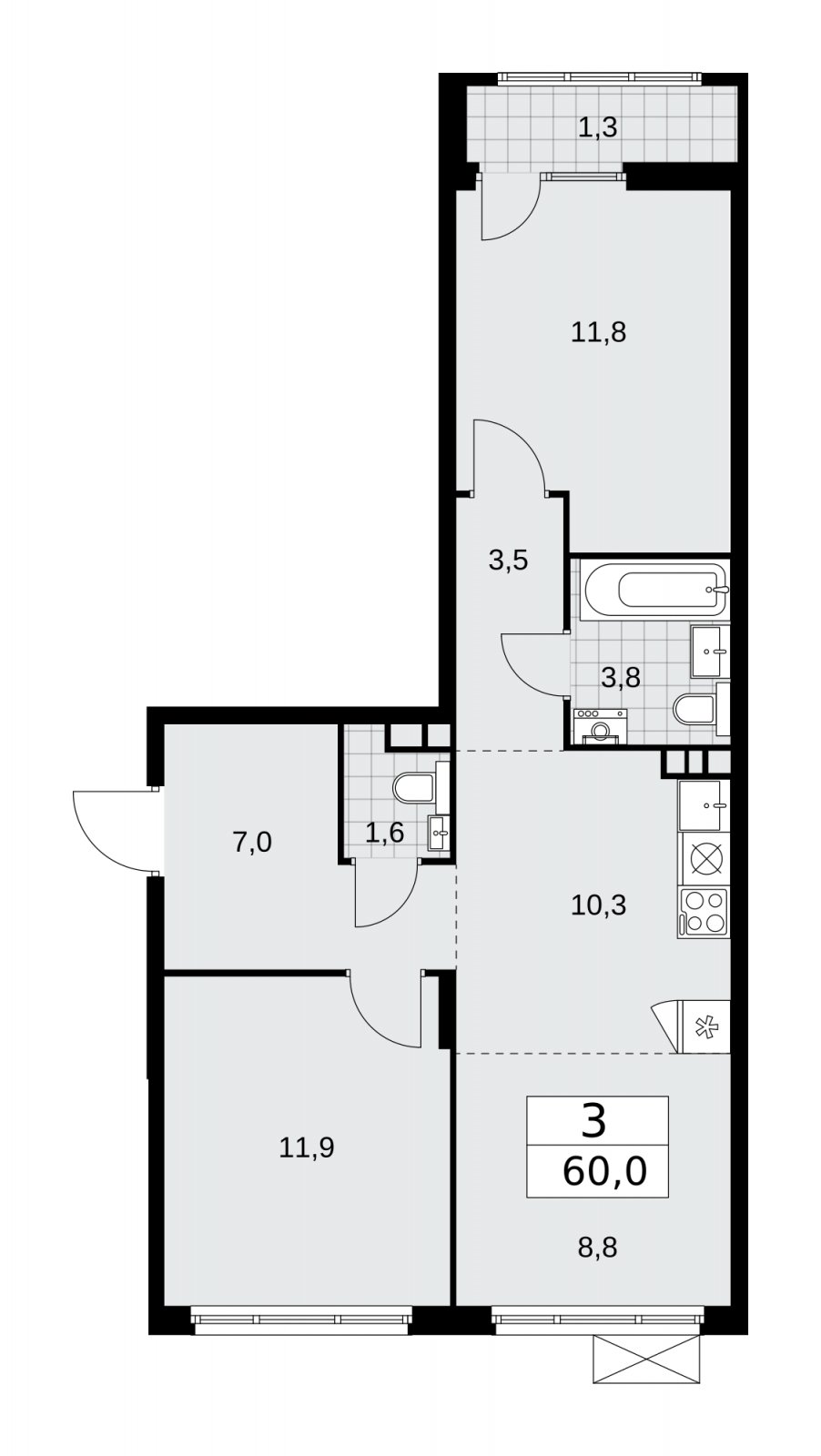 3-комнатная квартира (евро) с полной отделкой, 60 м2, 3 этаж, сдача 2 квартал 2026 г., ЖК Деснаречье, корпус 4.8 - объявление 2265097 - фото №1