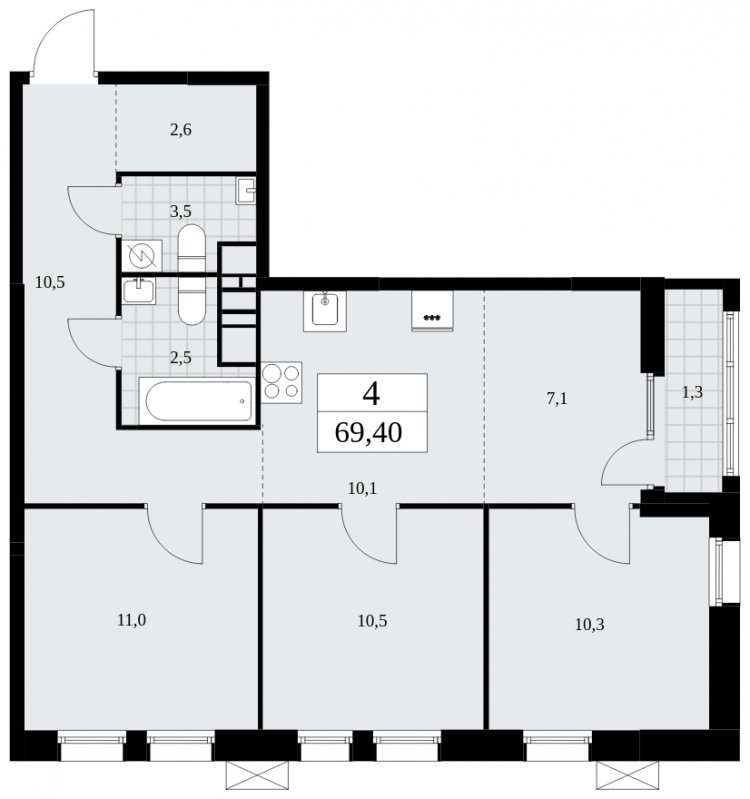 4-комнатная квартира (евро) без отделки, 69.4 м2, 11 этаж, сдача 2 квартал 2025 г., ЖК Дзен-кварталы, корпус 2.3 - объявление 1932606 - фото №1