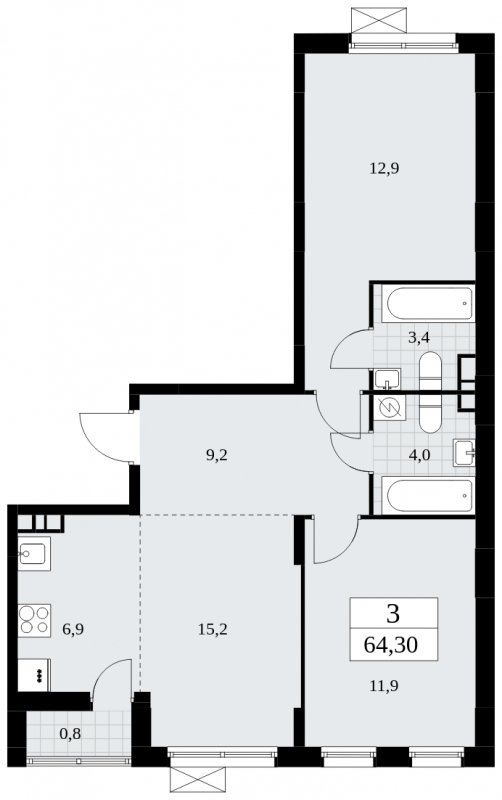 3-комнатная квартира (евро) с частичной отделкой, 64.3 м2, 4 этаж, сдача 3 квартал 2025 г., ЖК Дзен-кварталы, корпус 2.2 - объявление 1932464 - фото №1