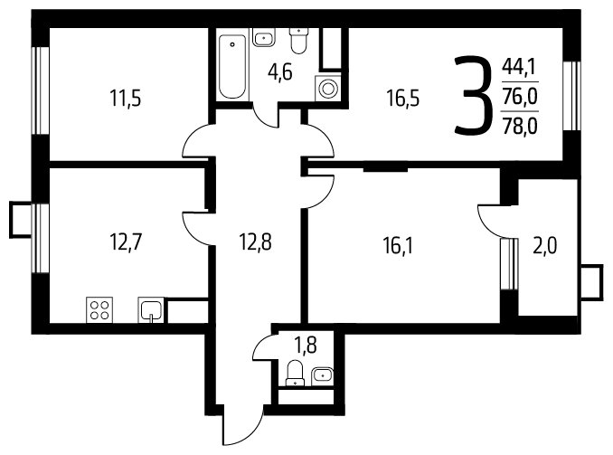 3-комнатная квартира с полной отделкой, 78 м2, 3 этаж, сдача 1 квартал 2024 г., ЖК Новые Ватутинки. Центральный, корпус 9/1/1.2 - объявление 1674863 - фото №1