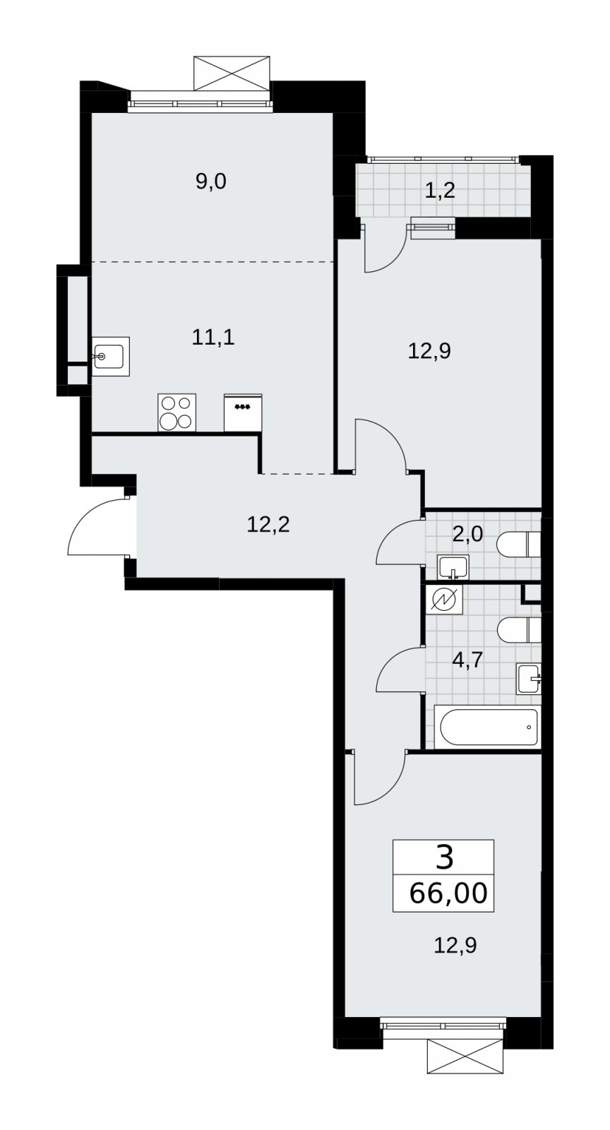 3-комнатная квартира (евро) с частичной отделкой, 66 м2, 2 этаж, сдача 4 квартал 2025 г., ЖК Скандинавия, корпус 28.4 - объявление 2202815 - фото №1