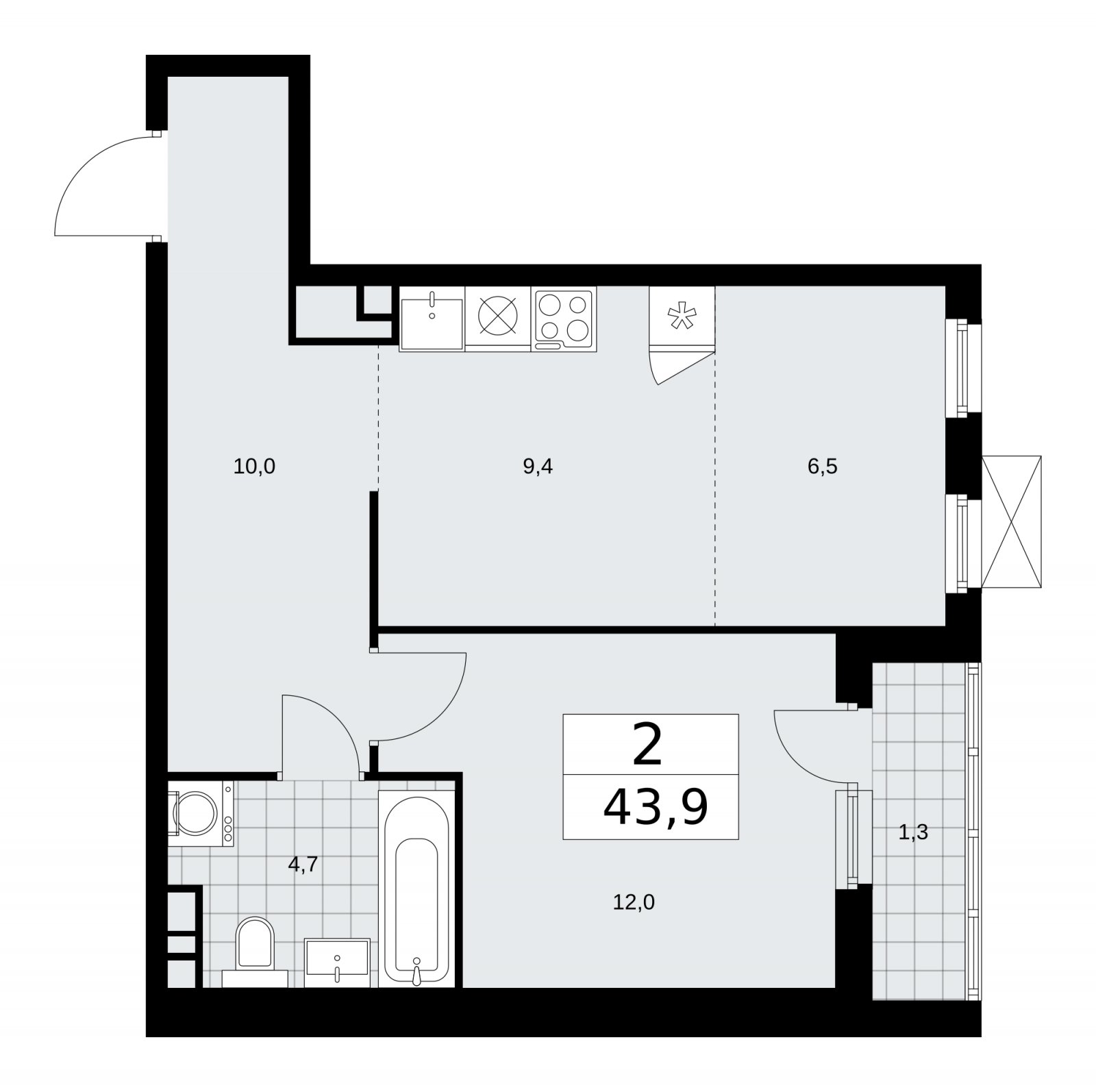 2-комнатная квартира (евро) без отделки, 43.9 м2, 10 этаж, сдача 4 квартал 2025 г., ЖК Прокшино, корпус 11.1.4 - объявление 2257620 - фото №1