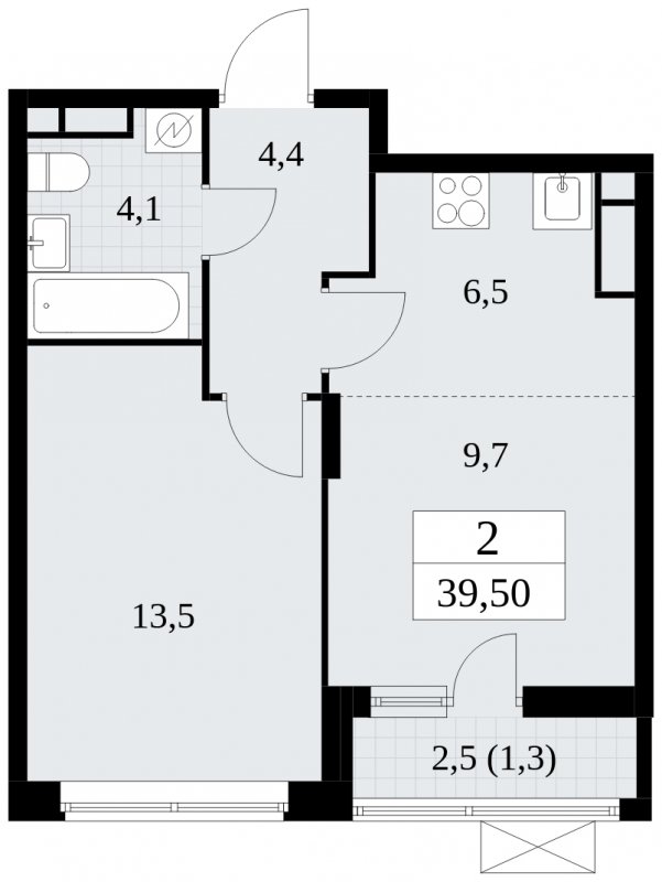 2-комнатная квартира (евро) без отделки, 39.5 м2, 13 этаж, сдача 1 квартал 2025 г., ЖК Прокшино, корпус 5.1.4 - объявление 1811133 - фото №1
