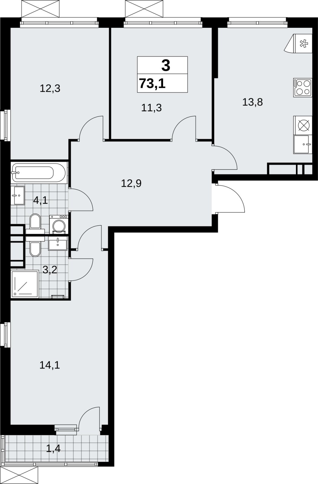 3-комнатная квартира без отделки, 73.1 м2, 13 этаж, сдача 4 квартал 2026 г., ЖК Скандинавия, корпус 2.18.2.4 - объявление 2351580 - фото №1