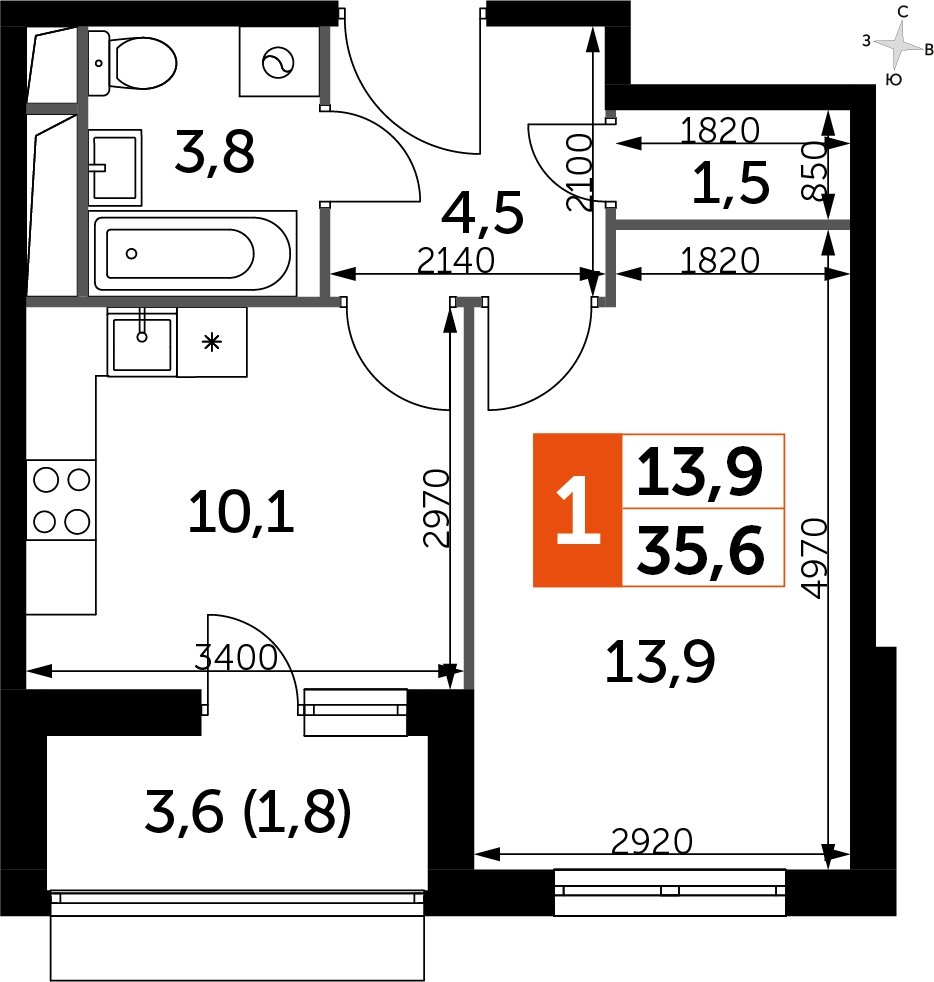 1-комнатная квартира с частичной отделкой, 35.6 м2, 13 этаж, дом сдан, ЖК UP-квартал Римский, корпус 7 - объявление 2208422 - фото №1