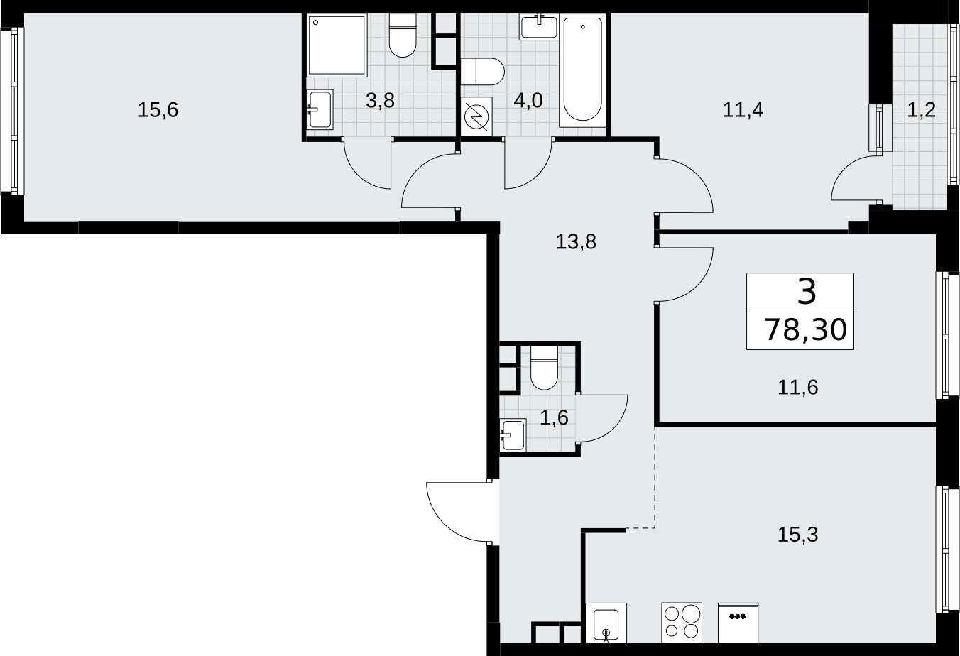 3-комнатная квартира с полной отделкой, 78.3 м2, 3 этаж, сдача 4 квартал 2026 г., ЖК Родные кварталы, корпус 3.3 - объявление 2378548 - фото №1