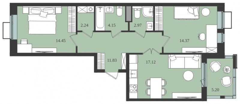 2-комнатная квартира без отделки, 69.73 м2, 2 этаж, сдача 1 квартал 2024 г., ЖК Мишино-2, корпус 8 - объявление 1812174 - фото №1